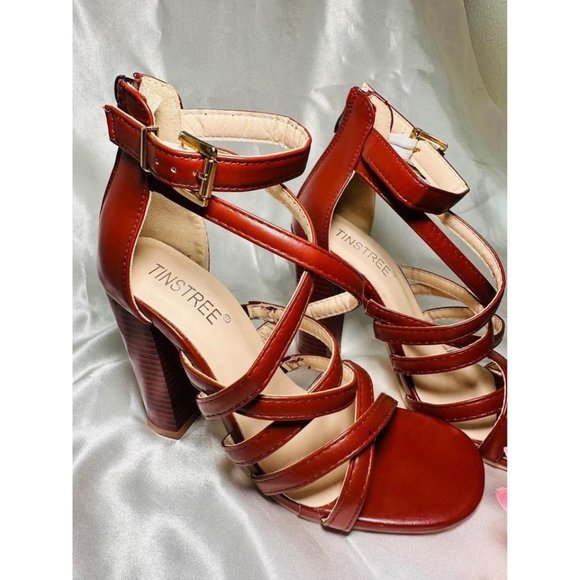 Burgendy Women's Size 6 Chunky High Heels, Open Toe Ankle Buckle Strap Sandals, - Picture 2 of 5